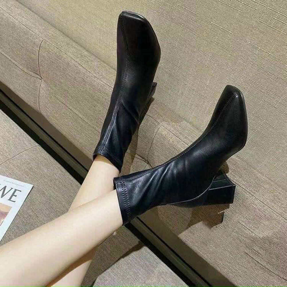 Bốt/ Boots Nữ Cổ Lửng Da Mềm Khoá Sau Vạt Gót vuông 5p  Kèm Tất Gấu Siêu Xinh