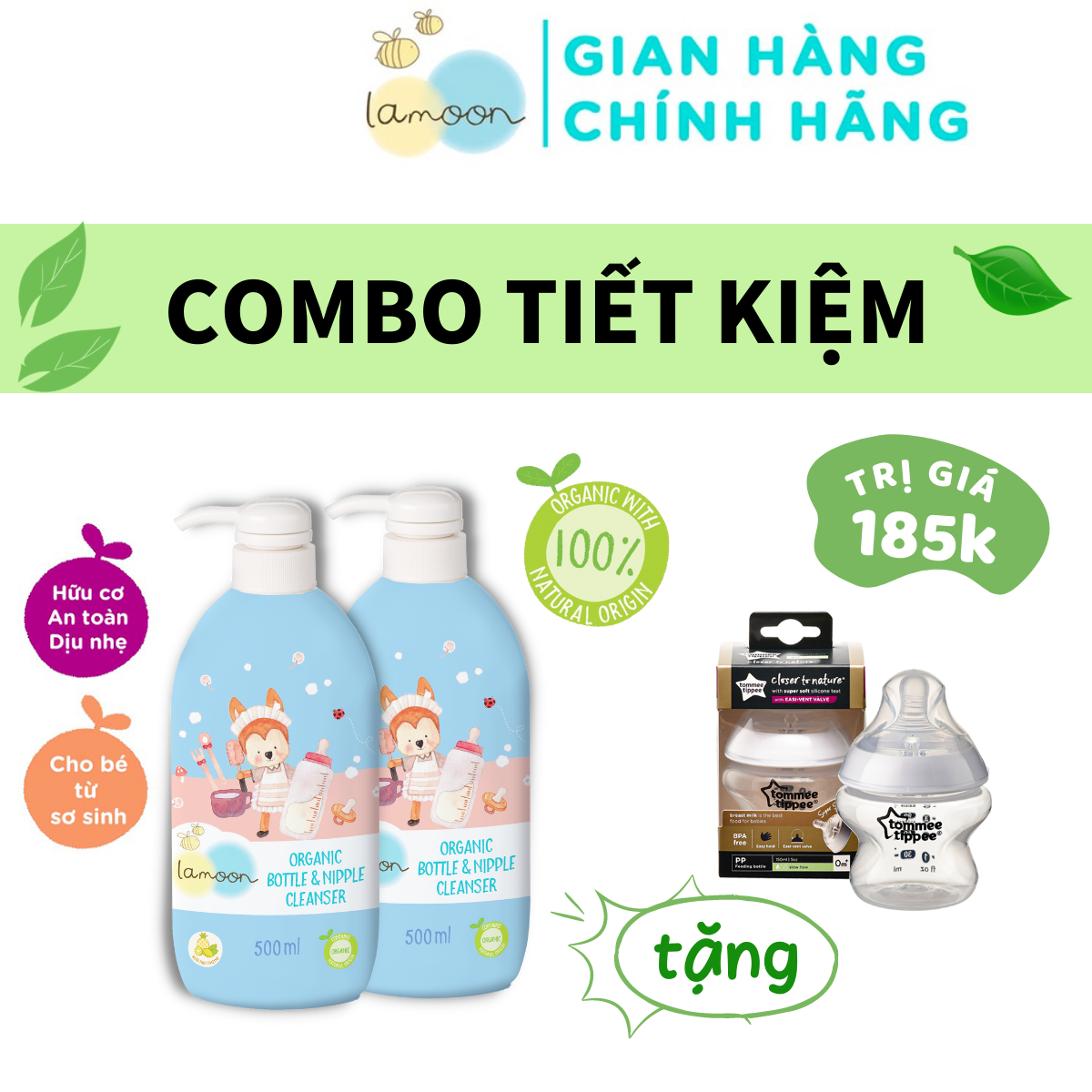 COMBO 2 Bình Nước Rửa Bình Sữa Organic An Toàn Cho Bé Lamoon 500ml TẶNG 1 Bình Sữa PP Ty Siêu Mềm Tự Nhiên 150ml