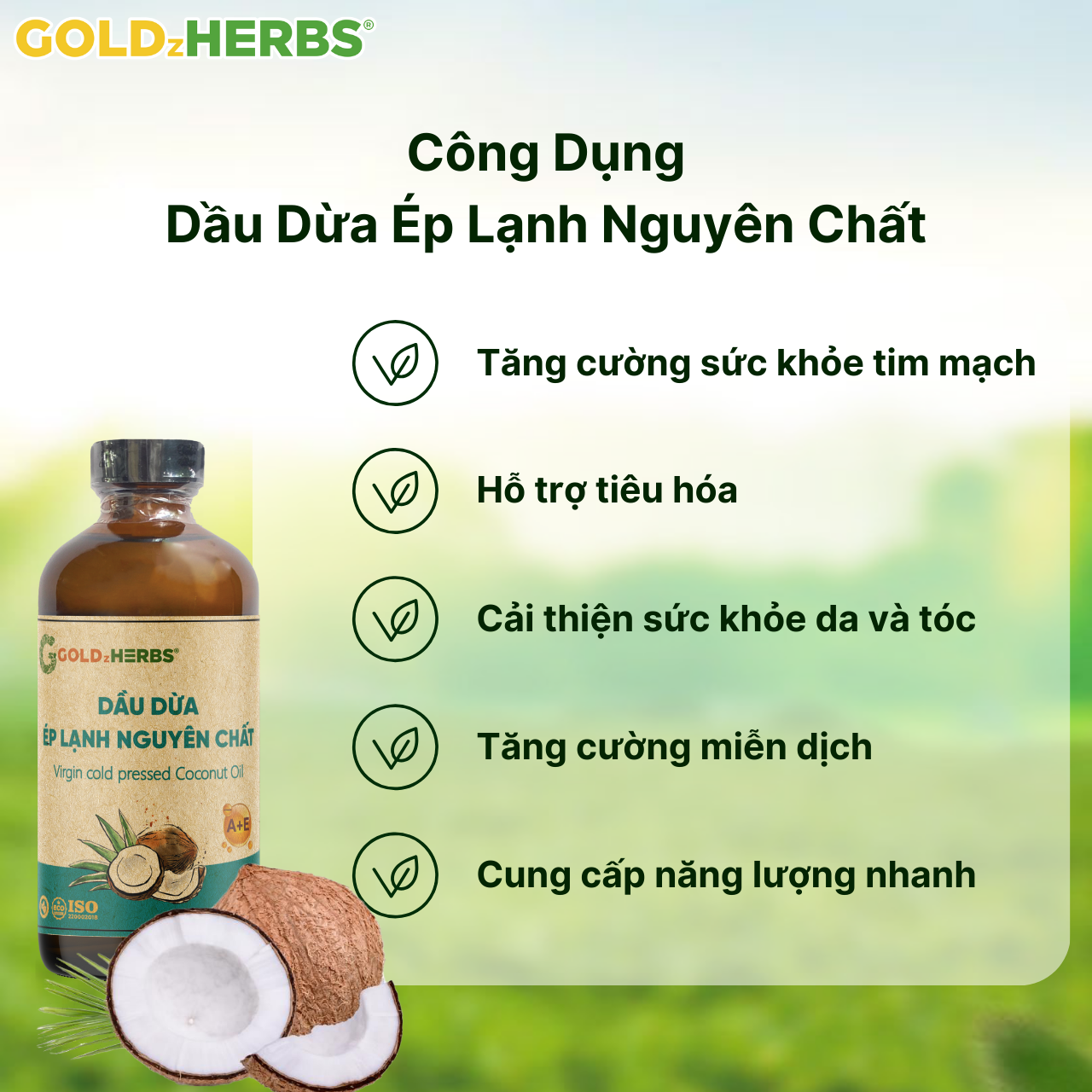 Dầu dừa ép lạnh nguyên chất GoldzHerbs - Chai 120ml/ 250ml