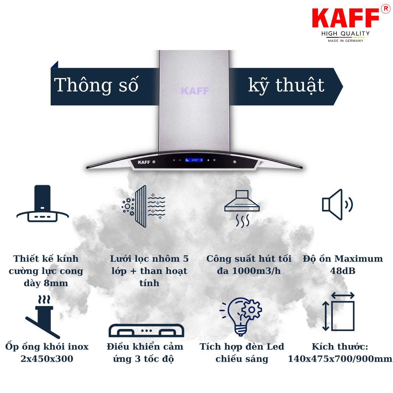 Máy hút mùi kính cong cảm ứng 900mm KAFF KF_GB029 Tặng bộ lọc than thay thế _ Hàng Chính Hãng