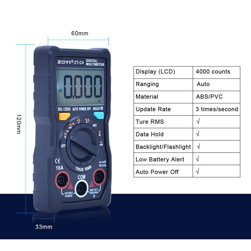 Đồng Hồ Đo Điện Vạn Năng Zoyi ZT-C4 - Điện Áp AC DC, Kiểm Tra Tụ, Dò NVC, Đo Điên Dung, Nhiệt Độ, Cảnh Báo Pin Thấp - Hàng Chính Hãng