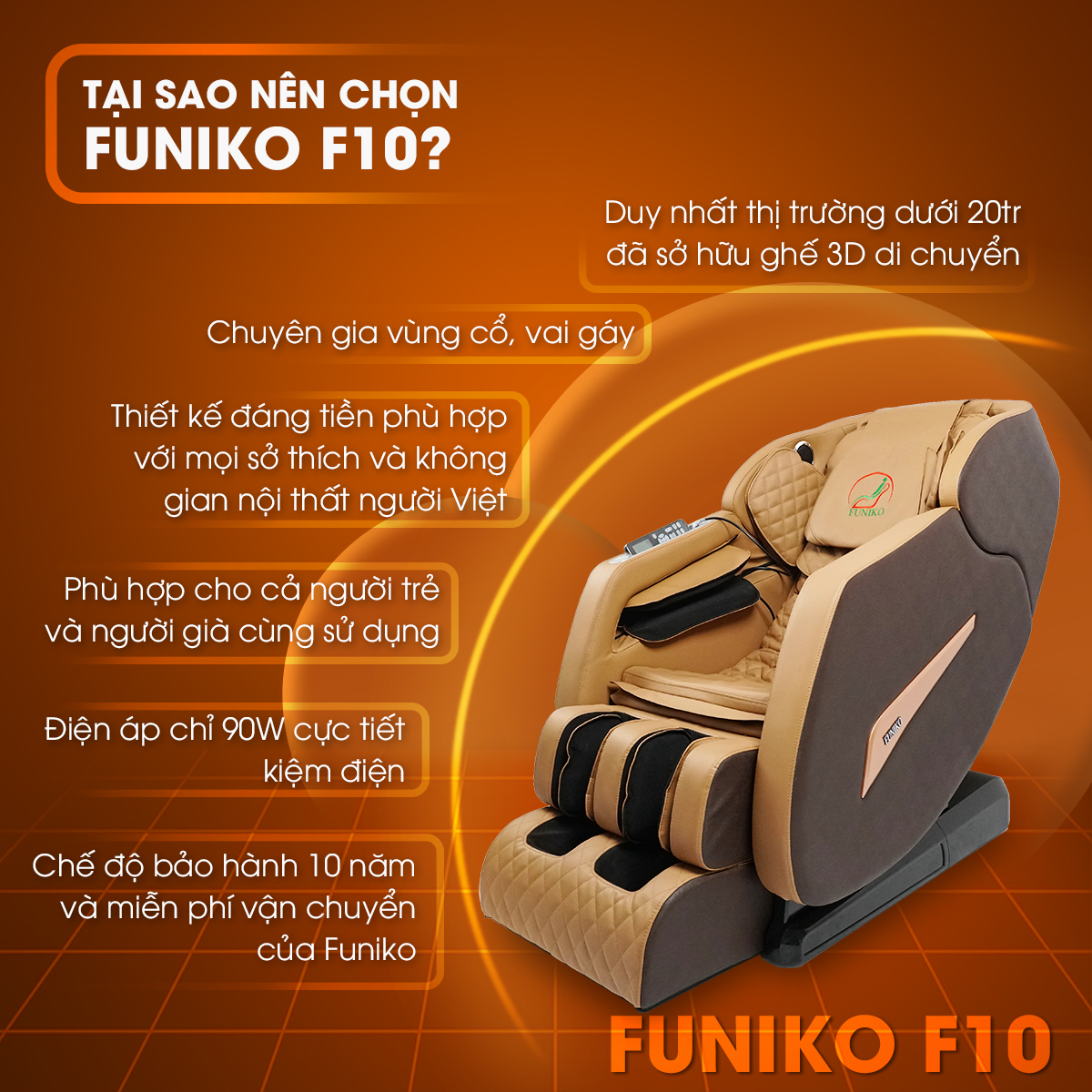 Ghế massage toàn thân Funiko F10 bảo hành 10 năm,con lăn di chuyển 3D massage thư giãn,trị liệu toàn thân