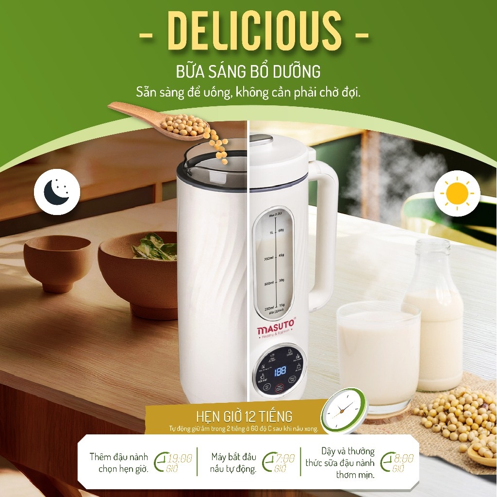 Máy làm sữa hạt Sothing Masuto MsLoveMax 1L thủy tinh nắp inox cường lực, xay hạt nhuyễn mịn chống trào, 6 chế độ nấu- Hàng chính hãng
