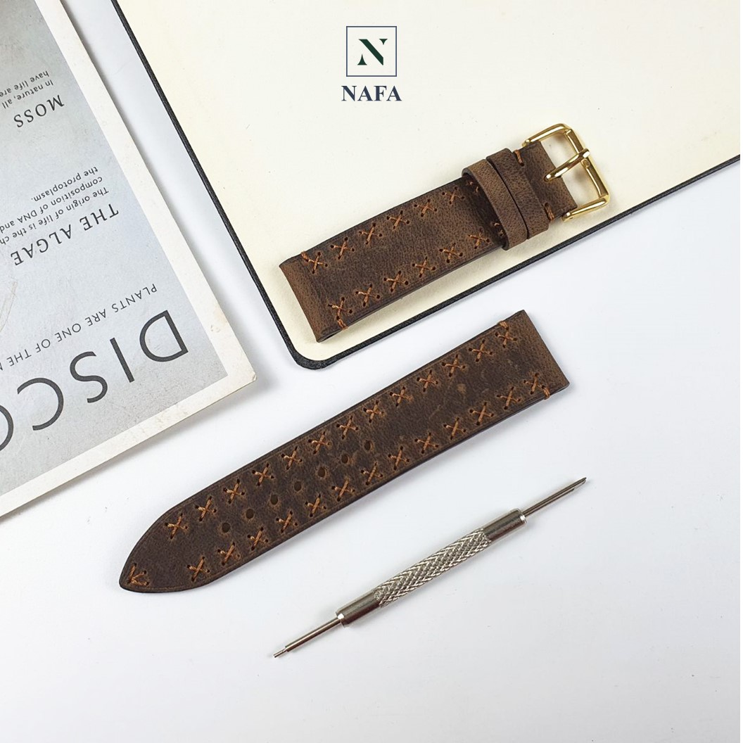 Dây đồng hồ nam handmade thủ công da bò sáp NAFA AL117 đường may bền bỉ, tinh tế