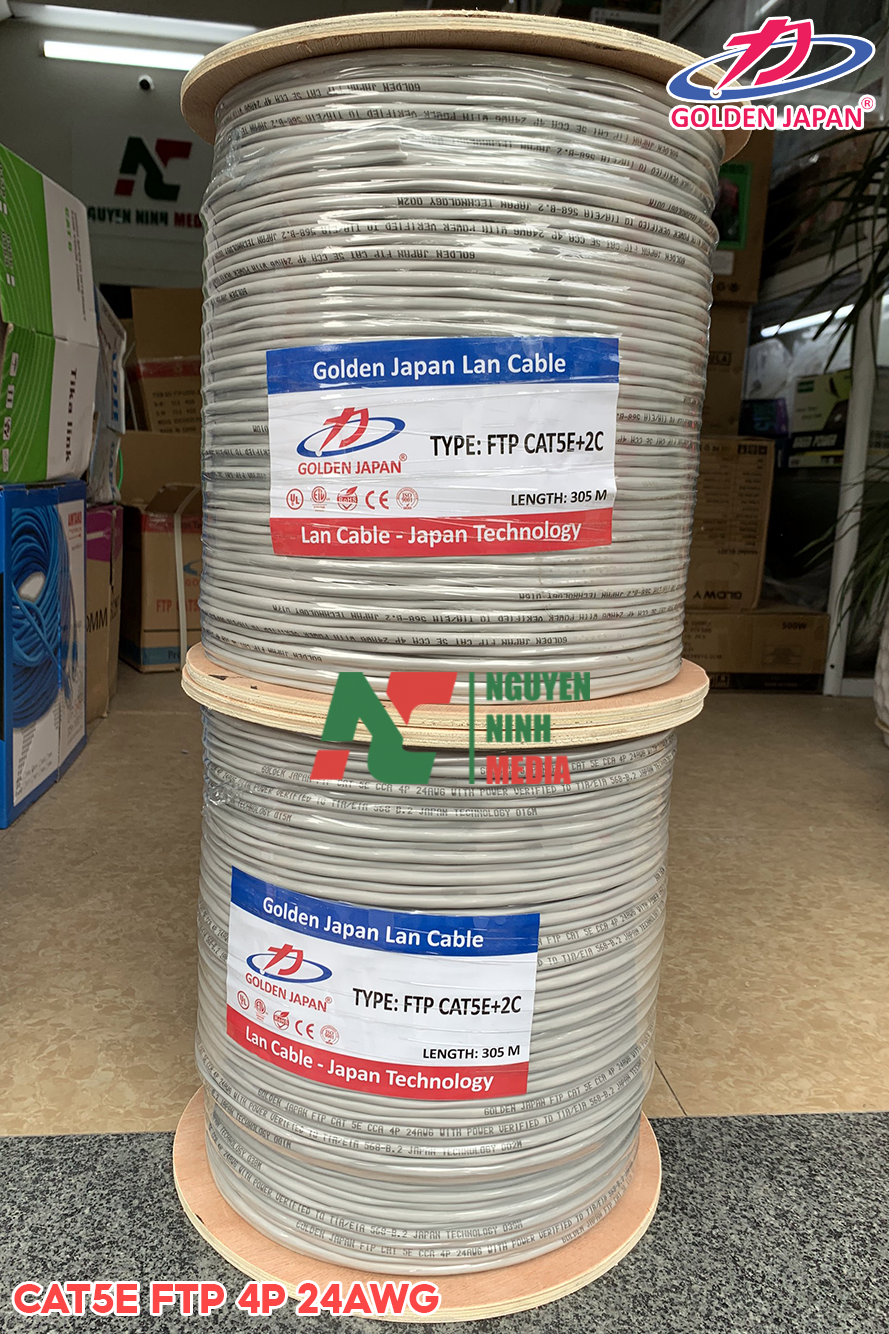 Dây Mạng Liền Nguồn Golden Japan Cat5e FTP CCA 4P 24AWG Bọc Bạc Chống Nhiễu + Kèm 2 Sợi Dây Điện 2C - Hàng Chính Hãng