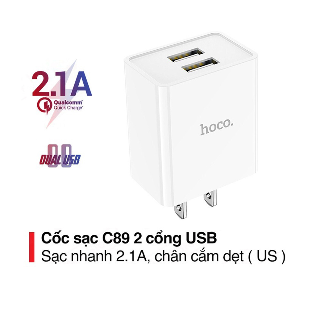 Củ sạc 2.1A Hoco C89 chuôi dẹt nhựa ABS cao cấp 2 cổng Usb dành cho iPhone/iPad - Hàng chính hãng