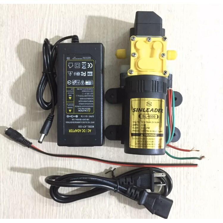 Máy bơm mini tăng áp kèm đổi nguồn 12v dùng tưới cây, tăng áp, phun sương, rửa xe...