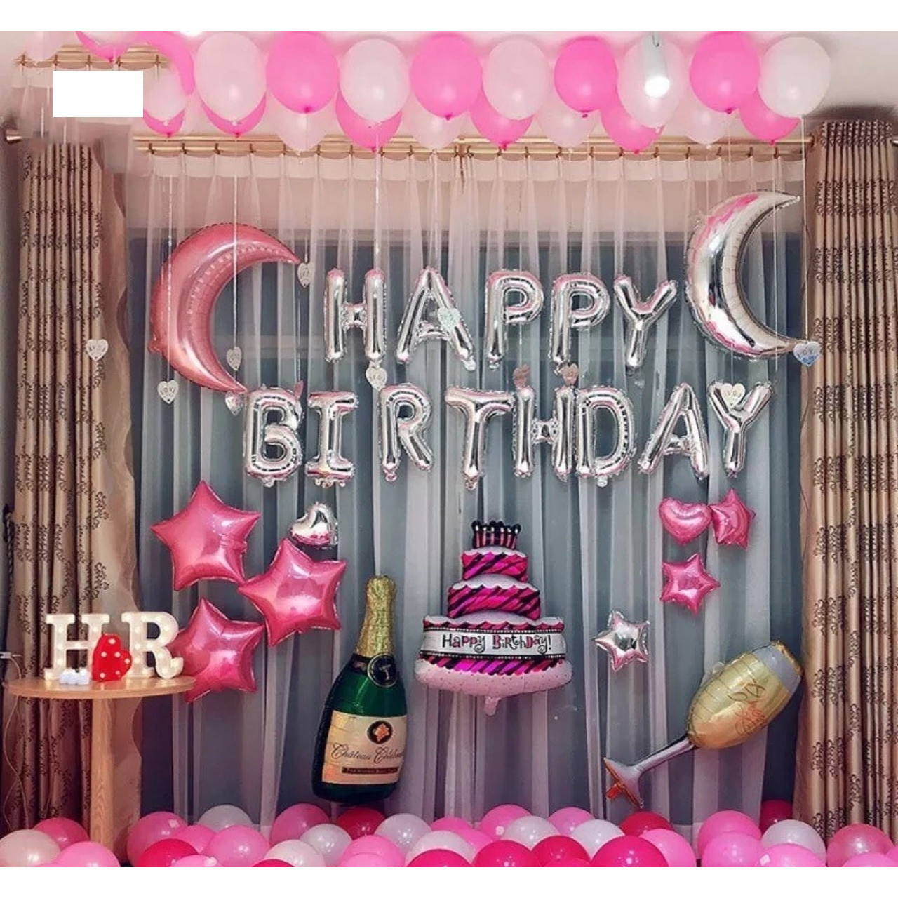 Set Bóng Trang Trí Sinh Nhật Happy Birthday Màu Hồng+ bóng nhũ+ bóng TIM sao