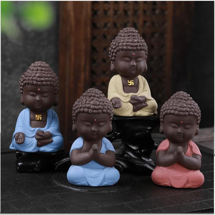 Tượng Như lai mini bằng gốm tử sa cát tím cao cấp xanh vàng hồng, tượng gốm trang trí khay trà, phong thủy