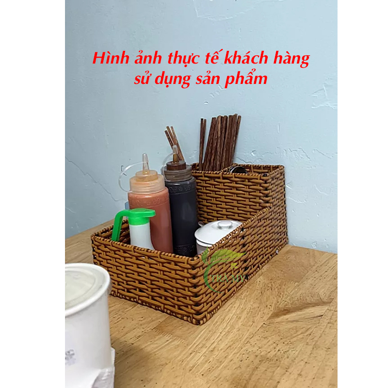 Khay Đựng Muỗng Đũa Hũ Gia Vị Chữ Nhật Sợi Nhựa Mây, Khay Chữ Nhật Ống Đũa Muỗng Giả Mây Dành Cho Quán Ăn Và Gia Đình.
