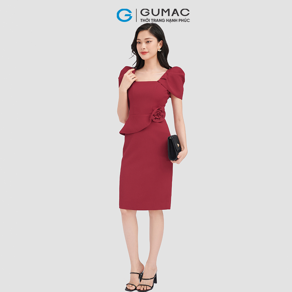 Đầm bút chì 2 lớp GUMAC DVC08132 peplum hoa tay xếp thời thượng