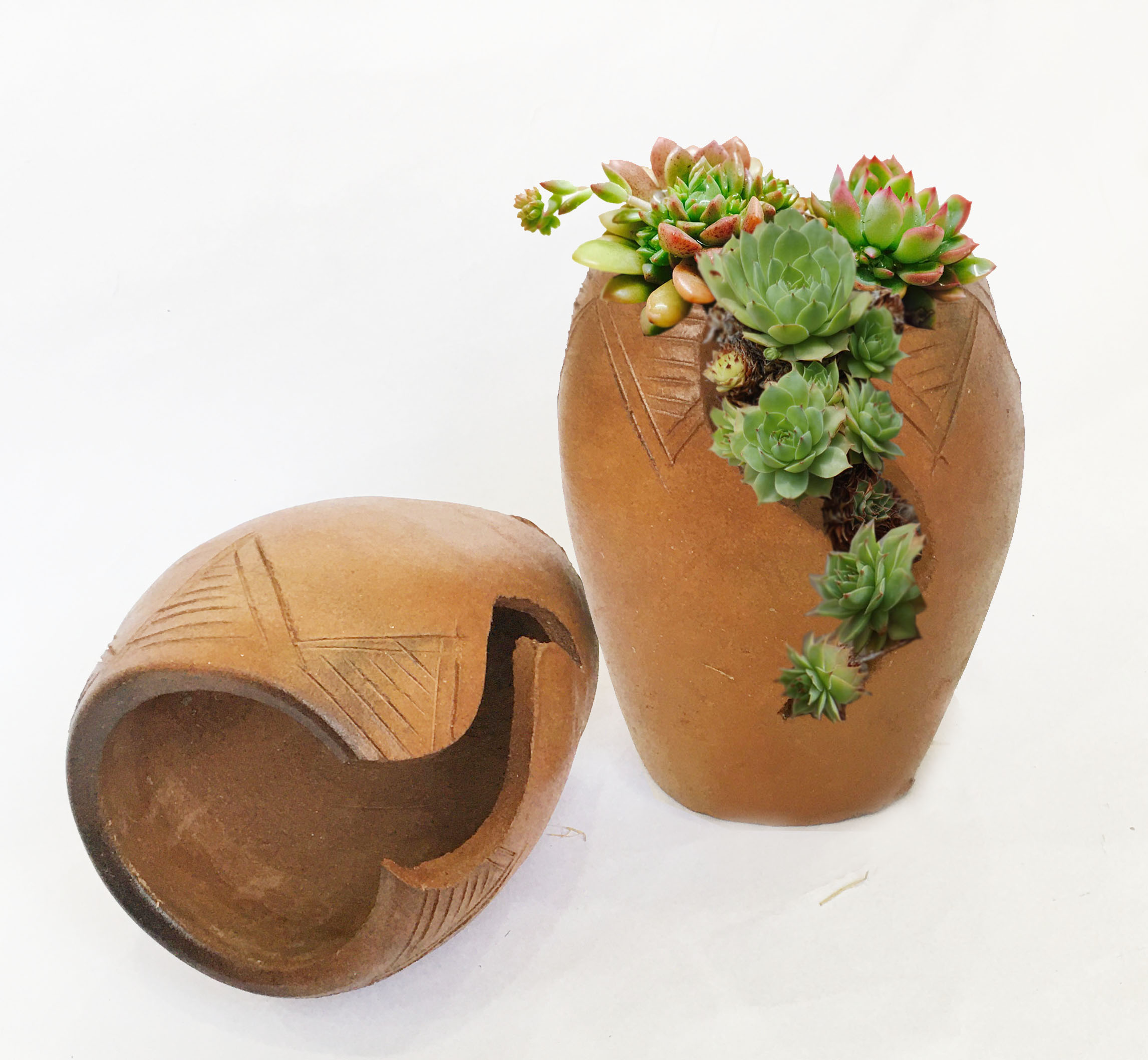 Chậu gốm đất nung trồng sen đá có khoét rãnh - Chậu gốm thủ công Chămpa Bàu Trúc, decor vintage