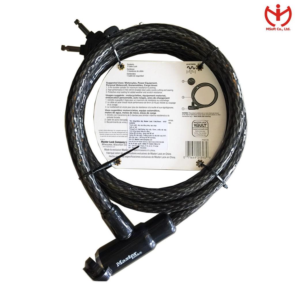 Khóa xe máy Master Lock 8157 DPS dây cáp thép dài 1.8m x 15mm đầu khóa chìa