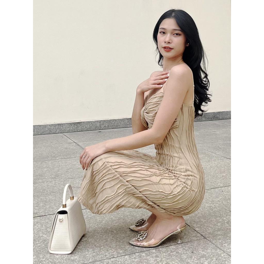 RECHIC Đầm Venia hai dây dáng dài kiểu nơ trước ngực phù hợp đi tiệc dạo phố