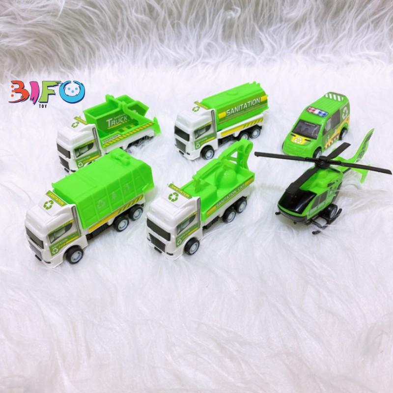Set 6 đồ chơi xe vận tải xanh lá cho bé vui chơi thỏa thích