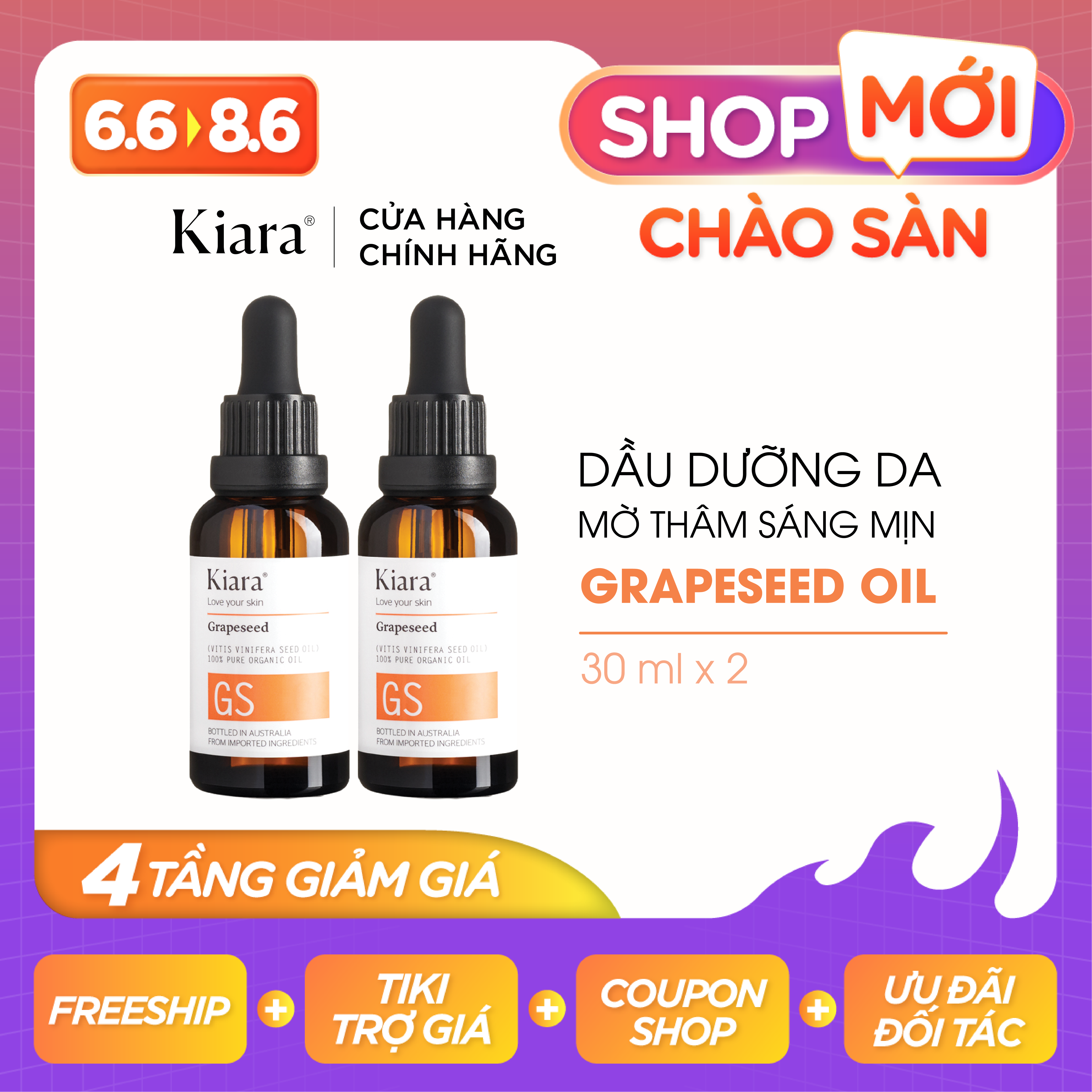 Combo 2 Chai Dầu Dưỡng Da Mờ Thâm Sáng Mịn Kiara Grapeseed Oil 2x30ml