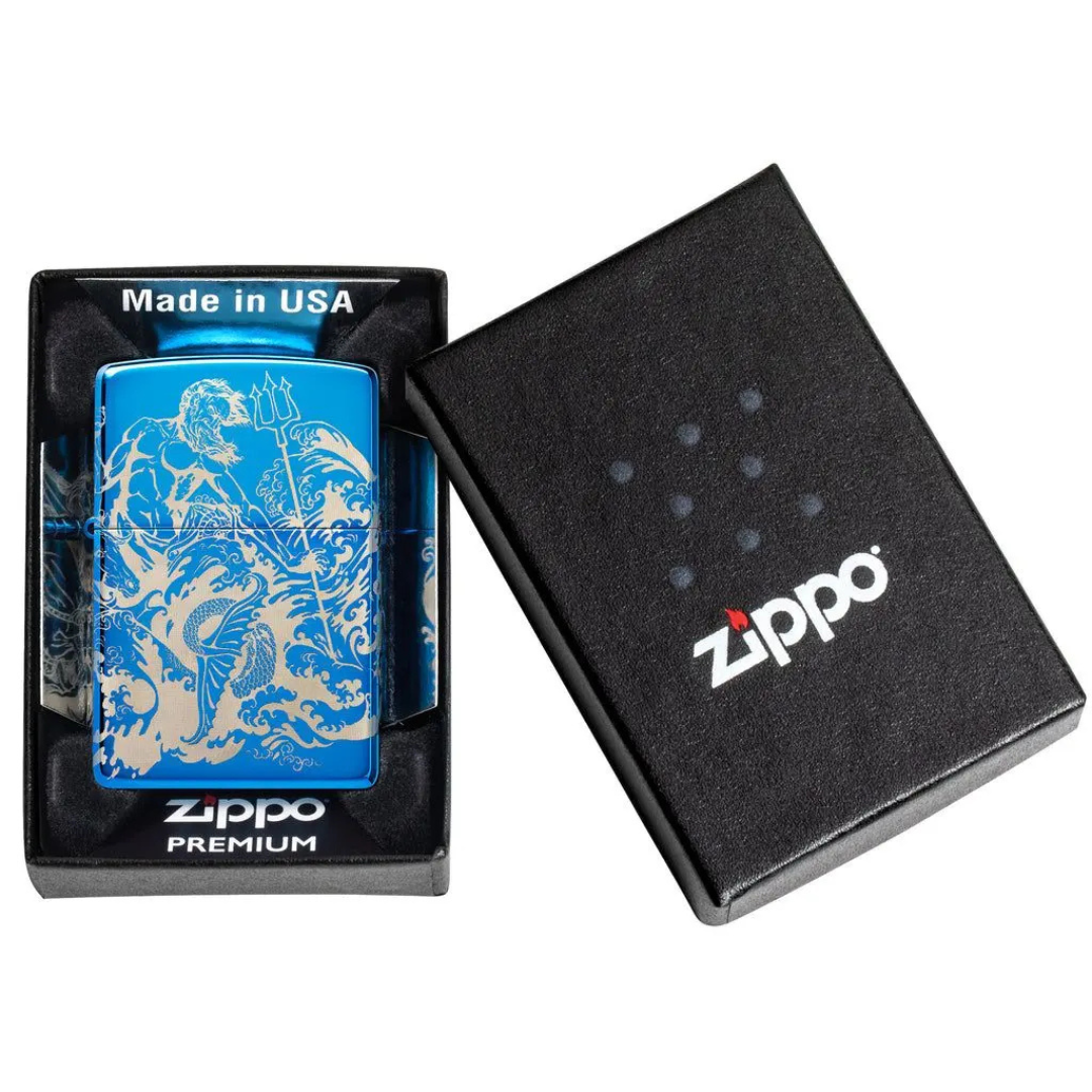 Bật lửa Zippo Atlantis Design - Thiết Kế Thần Biển Poseidon In Tràn Viền 360 Độ, Vỏ High Polish Blue Chính Hãng Mỹ