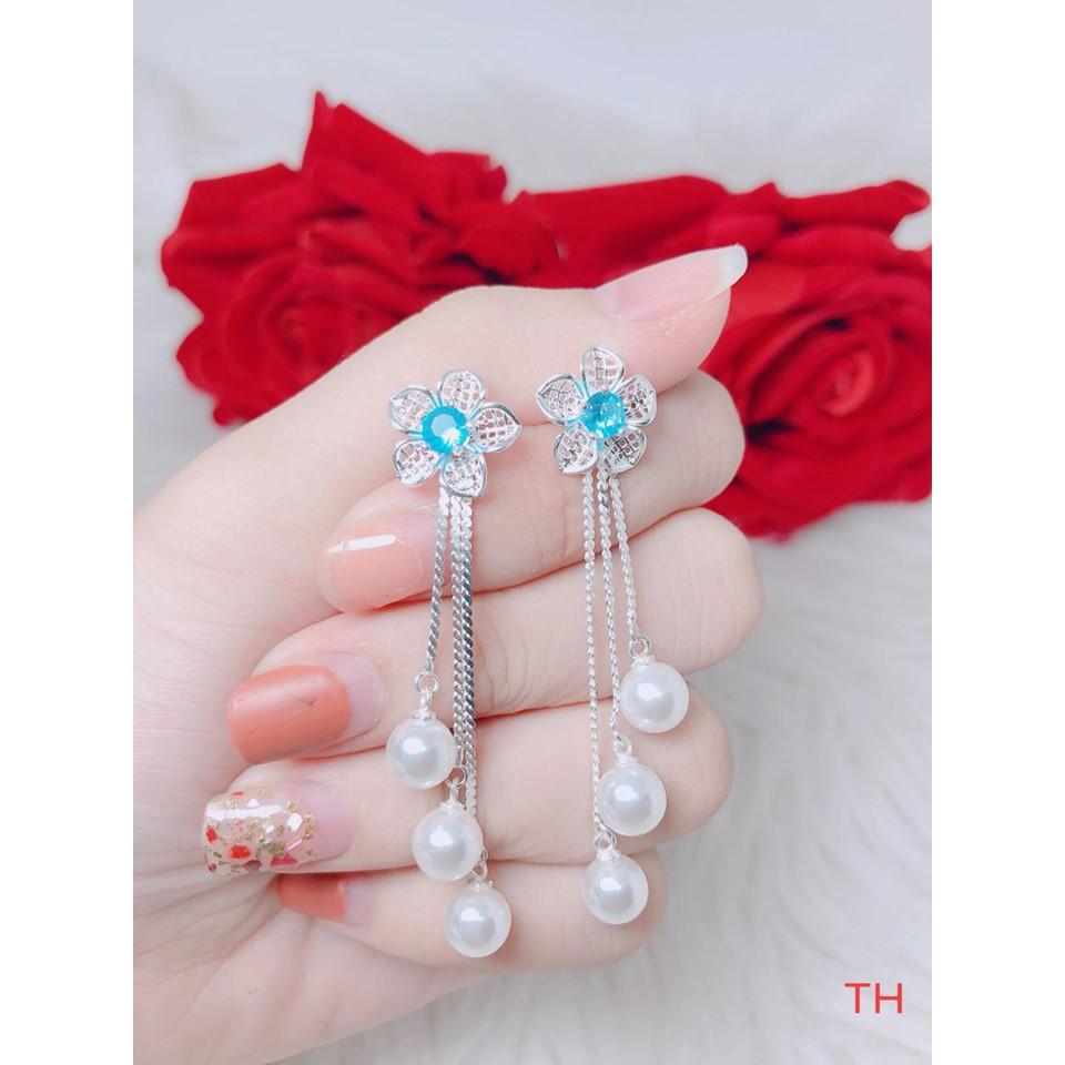 Bông tai bạc gắn 3 hạt trai thả dài MS88