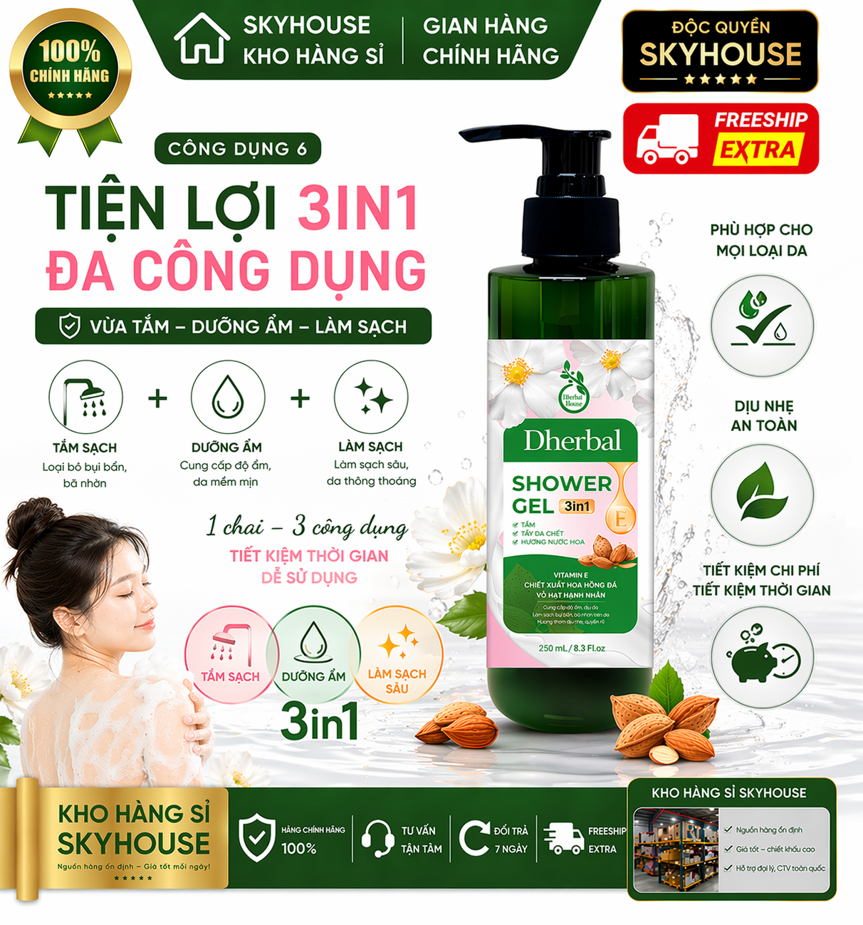 Sữa tắm trắng da 3in1 thiên nhiên độc quyền DHERBAL chai 250ml sữa tắm dưỡng ẩm thơm lâu chính hãng