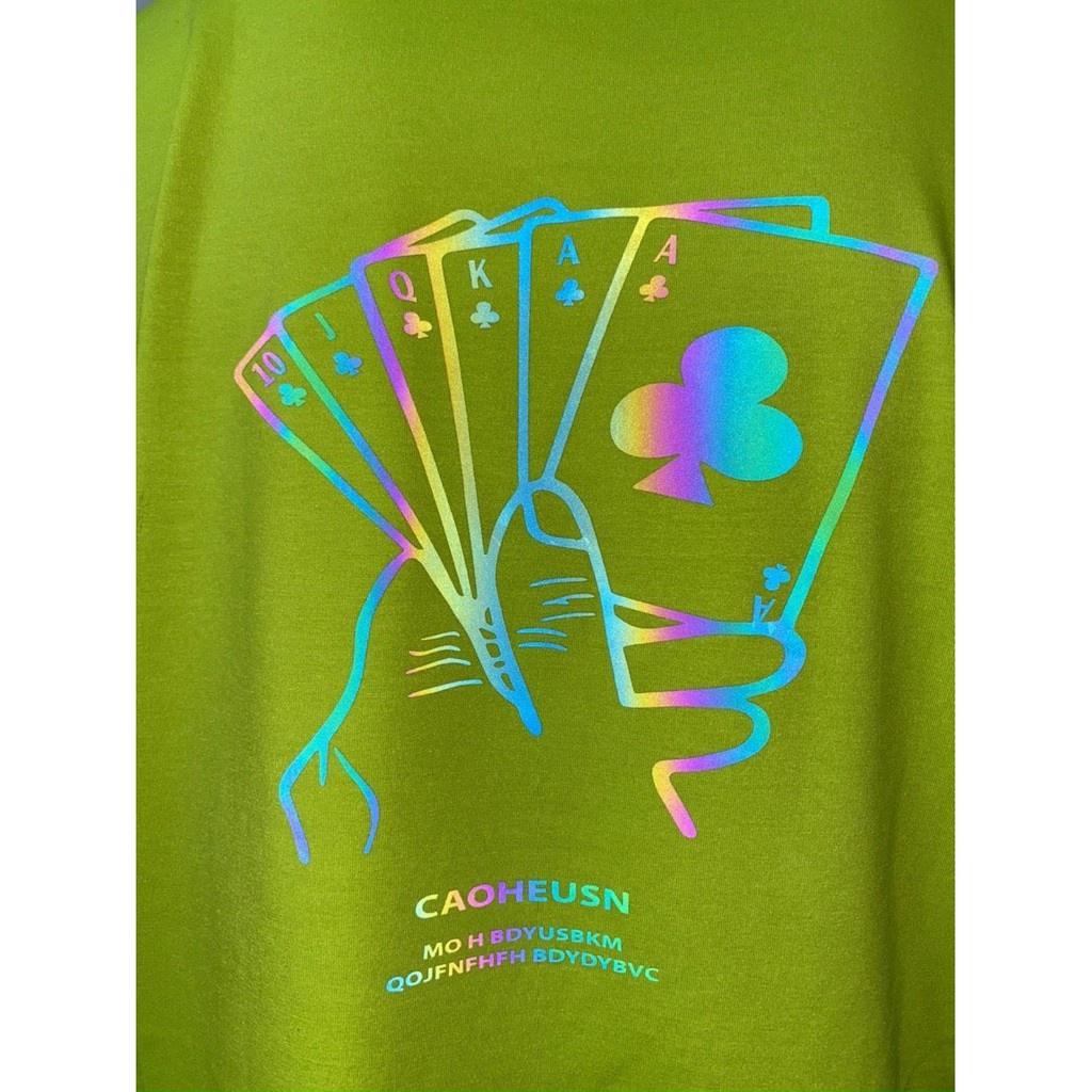 Áo thun unisex form rộng tay lỡ in phản quang in hình lá bài độc lạ, áo phông nam nữ đẹp mặc mát mùa hè