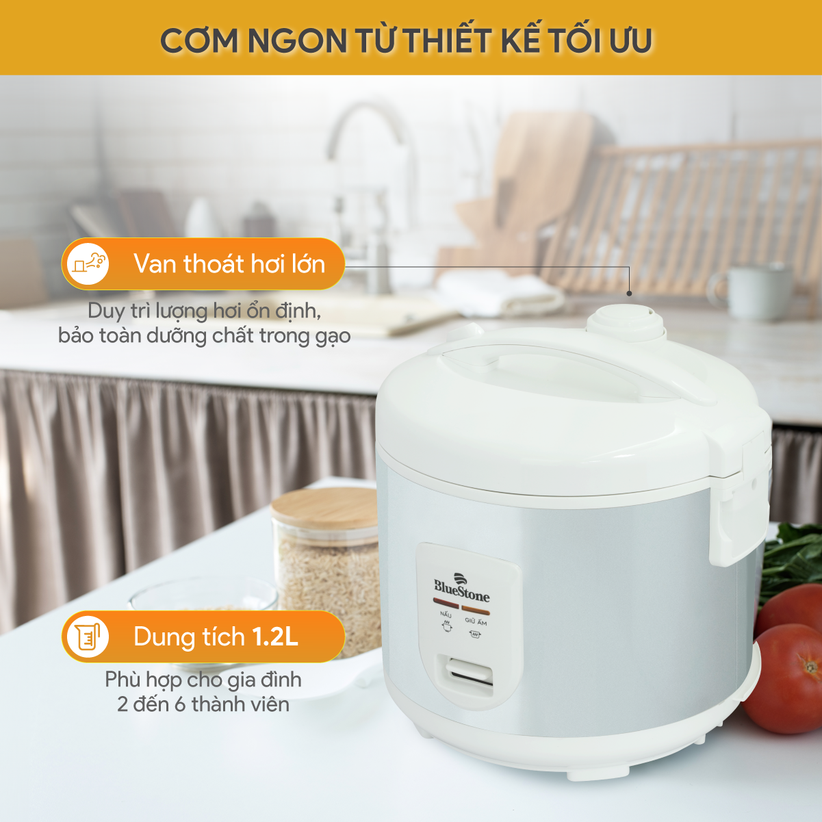 Nồi Cơm Điện Nắp Gài BlueStone RCB-5517 1.2 Lít 500W - Hàng Chính Hãng