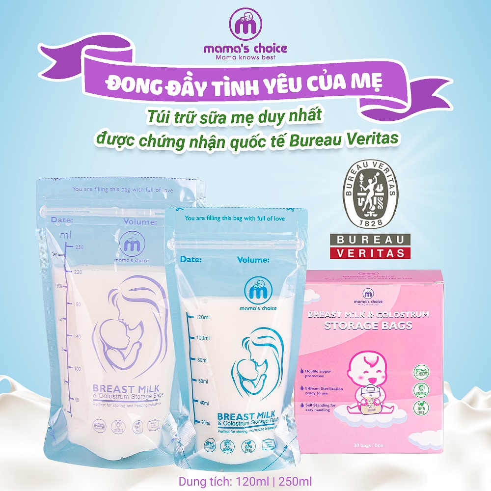 Túi Trữ Sữa Mama's Choice, Túi Đựng Sữa Mẹ Loại 250ml và 120ml, Kiểm Định An Toàn Bởi Bureau Veritas, Hộp 30 Túi