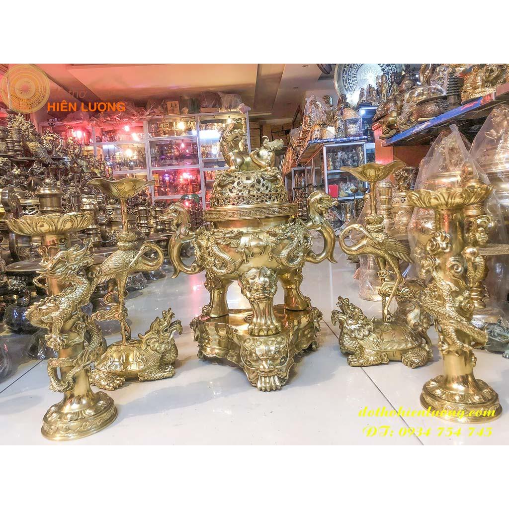 Bộ Đỉnh Song Long Chầu Nguyệt Màu Vàng Cao 60cm