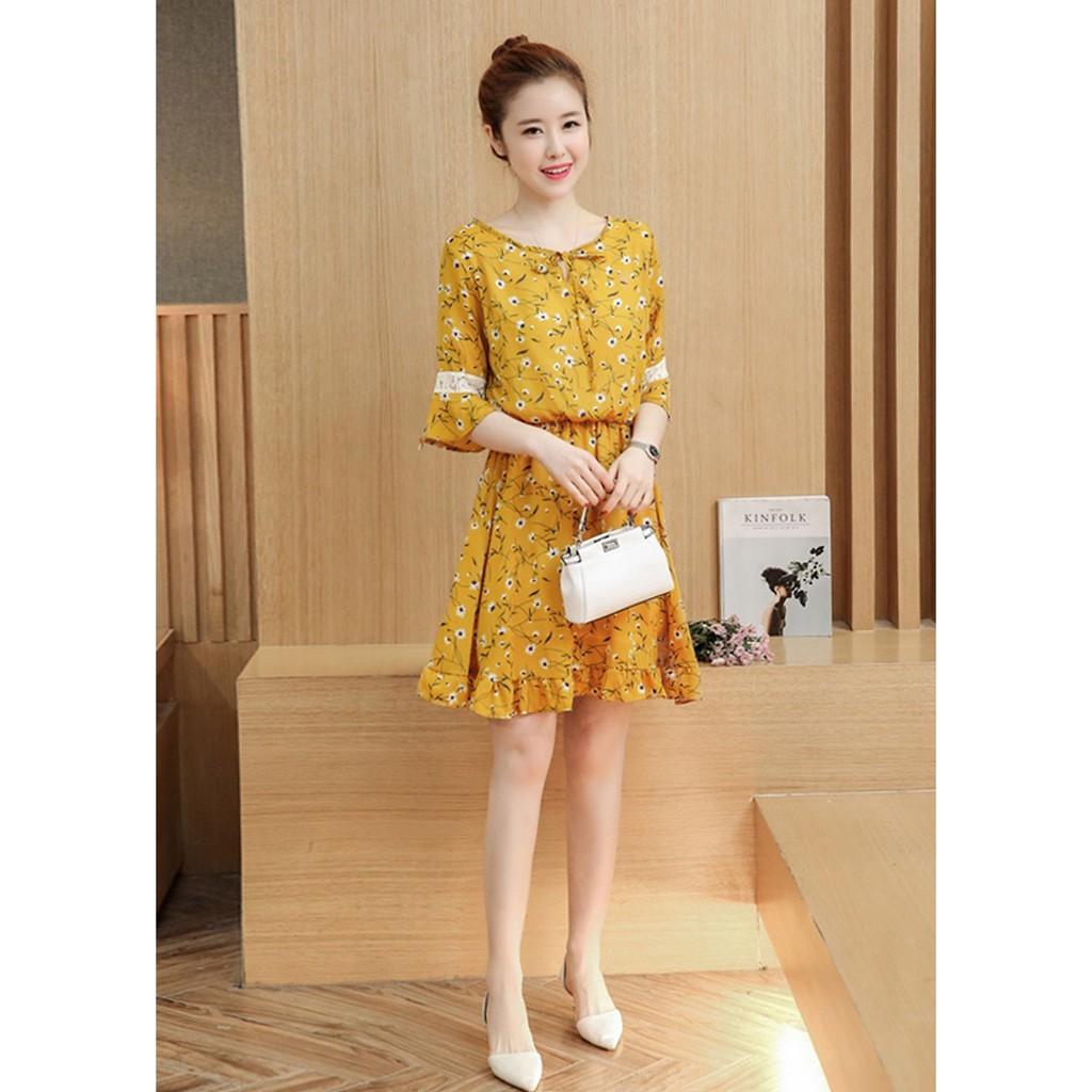 Đầm Nữ Hoa Dáng Xòe Tay Phối Ren