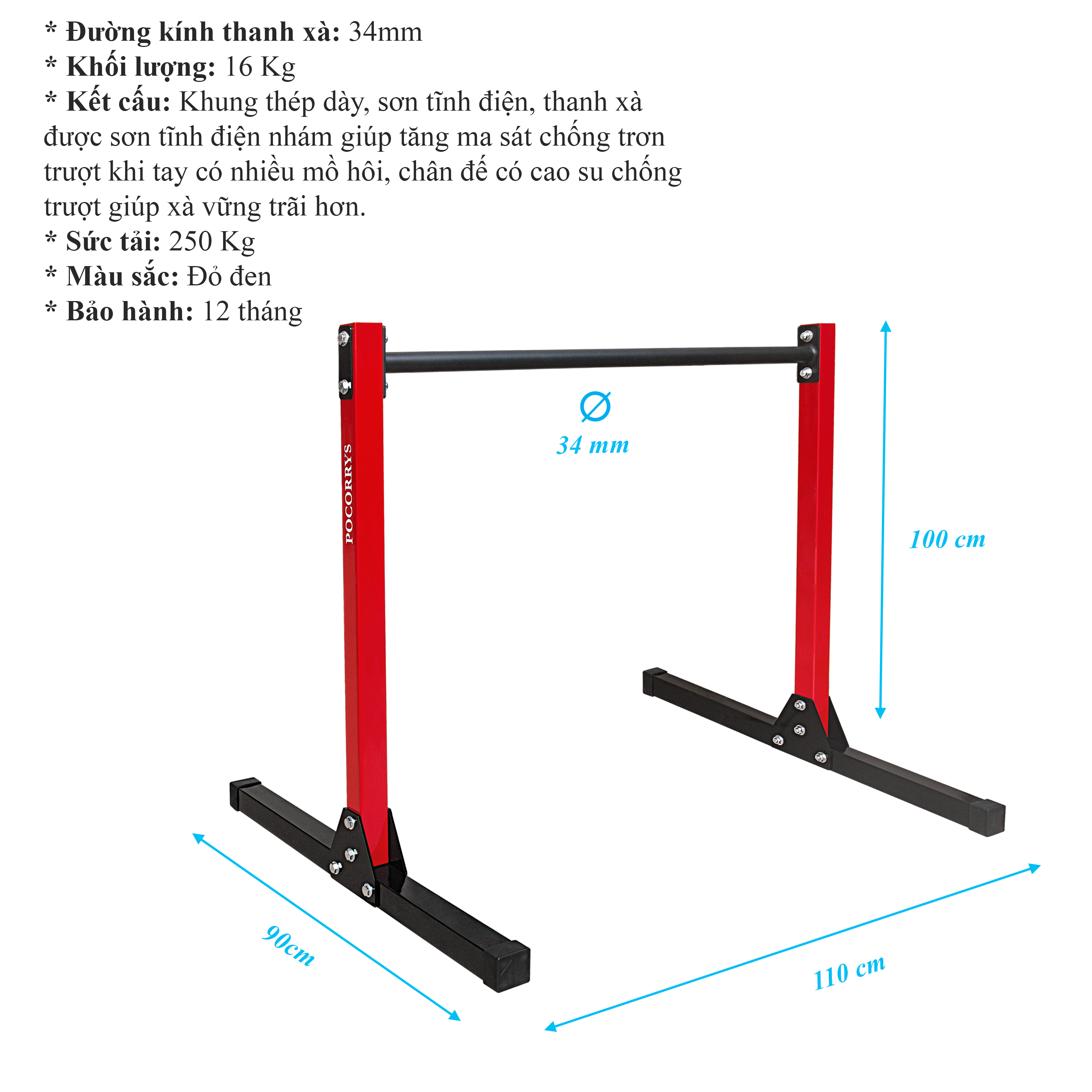 Xà đơn Calisthenics, Single Bar/Static Bar cao 1m, Pocorrys SGB-05, màu đỏ