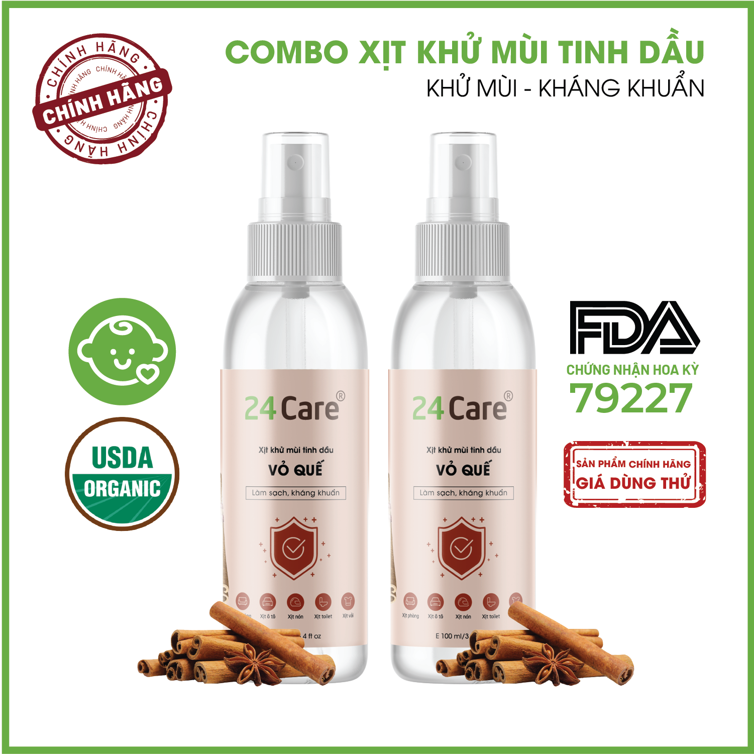 Combo 2 chai Xịt Phòng Tinh Dầu Quế Hữu Cơ Organic 24Care 100ML/Chai - Kháng khuẩn - Khử mùi hôi - Đuổi muỗi - côn trùng - Hương thơm thư giãn.