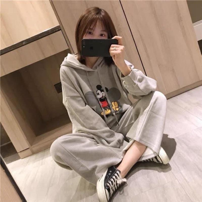 BỘ NỈ BÔNG HOODIE MŨ DÁNG SUÔNG MICKEY