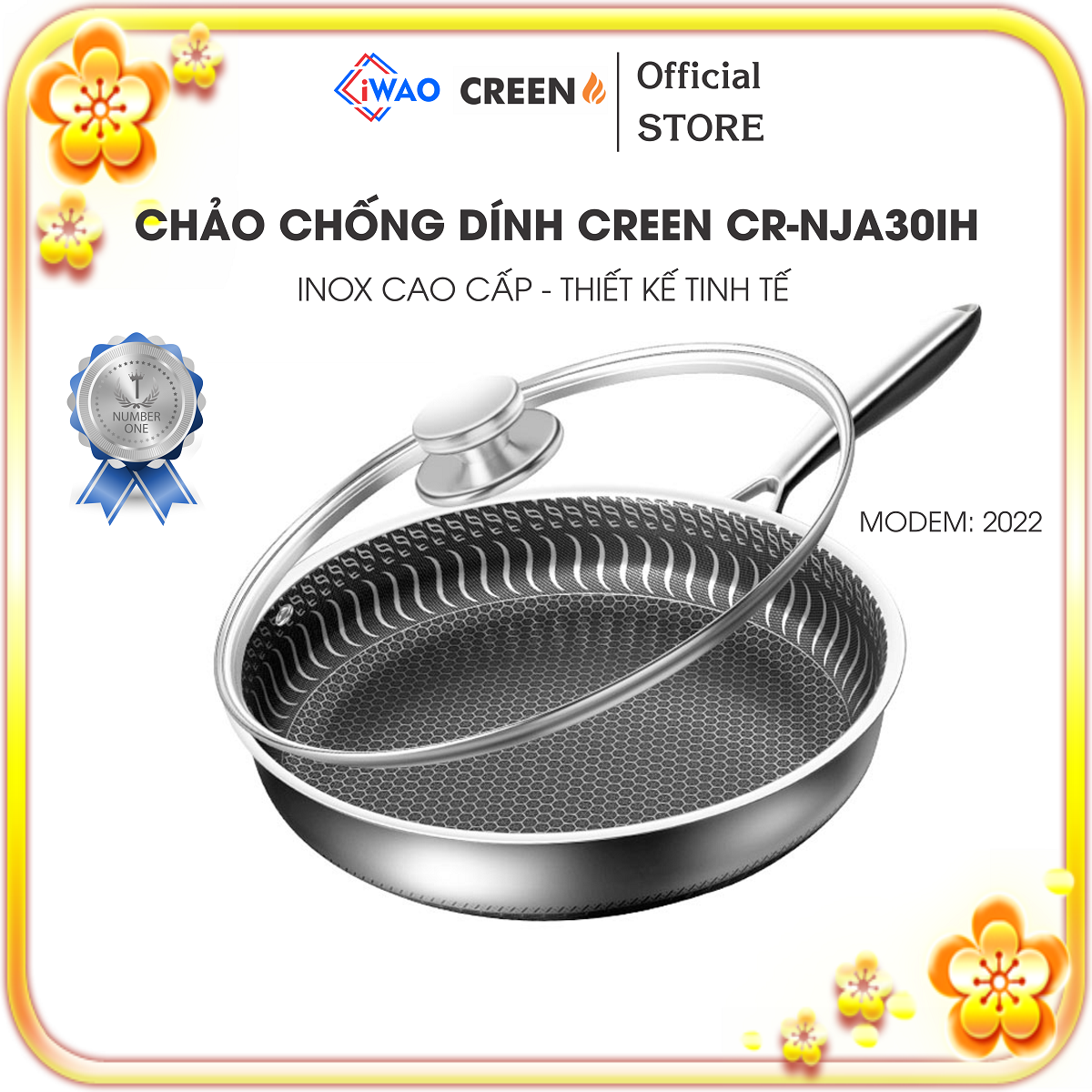 Chảo Chống Dính, Vân Tổ Ong Cao Cấp CREEN CR-NJA30IH Inox SUS304 Dùng Cho Tất Cả Các Loại Bếp - Hàng Chính Hãng