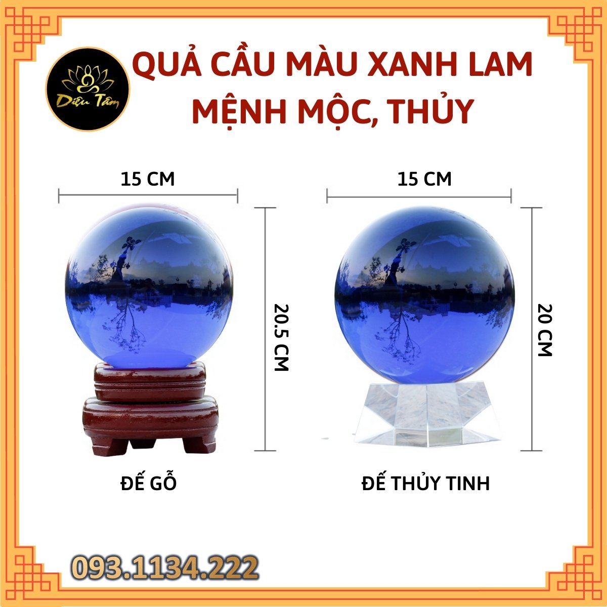 Quả cầu phong thủy pha lê màu xanh lam size to 15cm hợp mệnh Mộc, mệnh Thủy đồ phong thủy trang trí