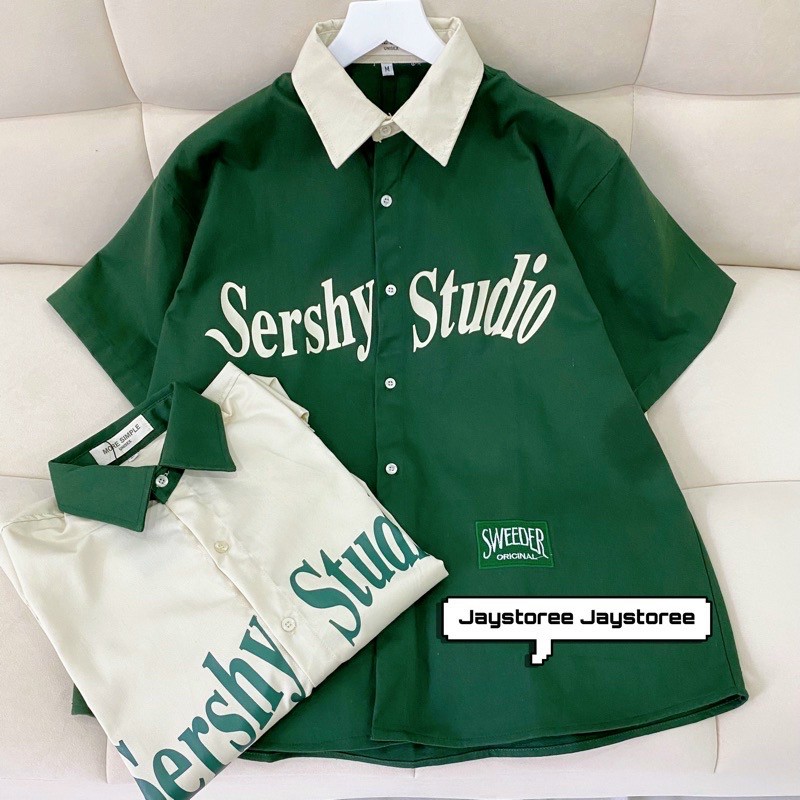 Áo khoác sơ mi kaki quốc dân CỔ BẺ logo in Sershy Studio có 2 màu xanh đen form rộng, form đẹp, áo flanl