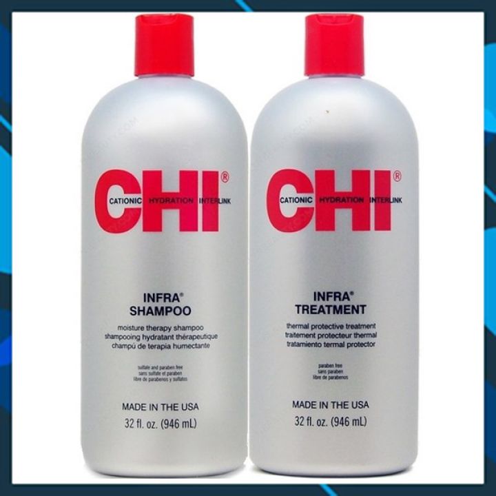 [+Tặng mũ trùm] Cặp dầu gội xả CHI Infra shampoo &amp; treatment siêu mượt cho tóc khô hư tổn (xám) Mỹ 946ml