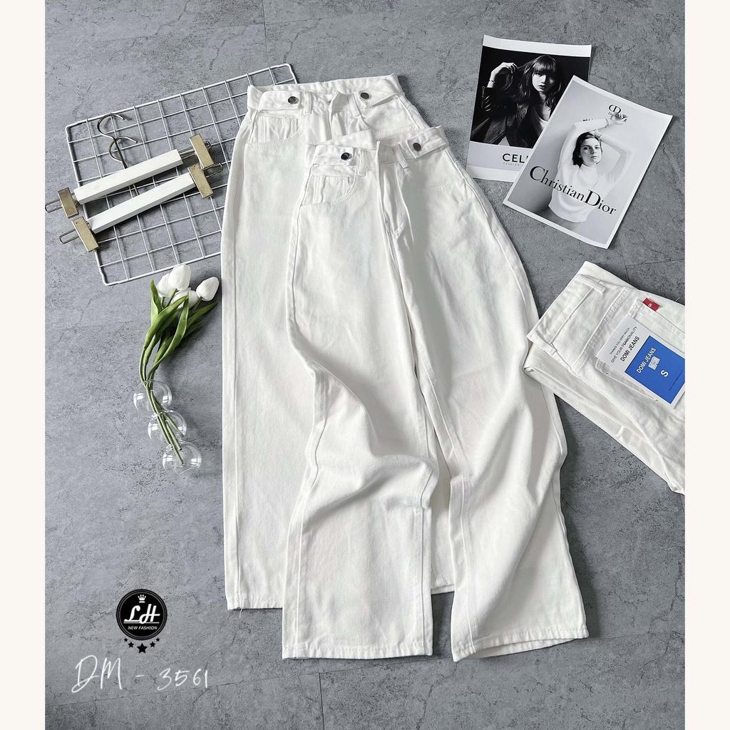Quần jean trắng, quần bò ống suông nữ màu trắng trơn ulzzang có bass lưng siêu cao Lê Huy Fashion 3561