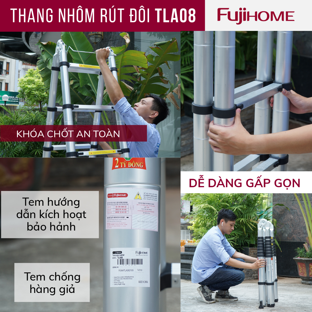 Thang nhôm rút gọn chữ A  FUJIHOME TLA08 ( Chiều cao chữ A  2,5m - Cao chữ I 5m, Khóa an toàn, đế chống trượt) Hàng Chính hãng