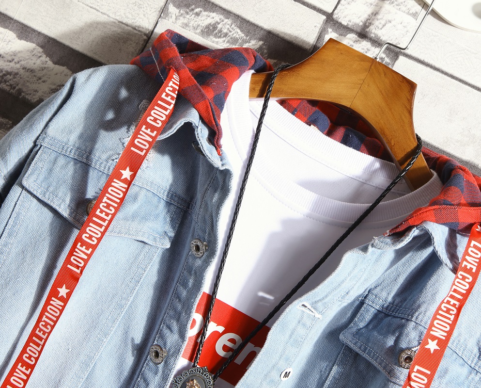 Hình ảnh Áo khoác Jeans Nam Unisex phối nón Caro sọc đỏ cao cấp