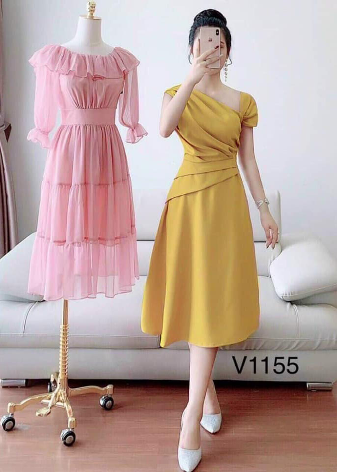 Đầm Xòe Xếp Ly Lệch Vai Cổ Đổ