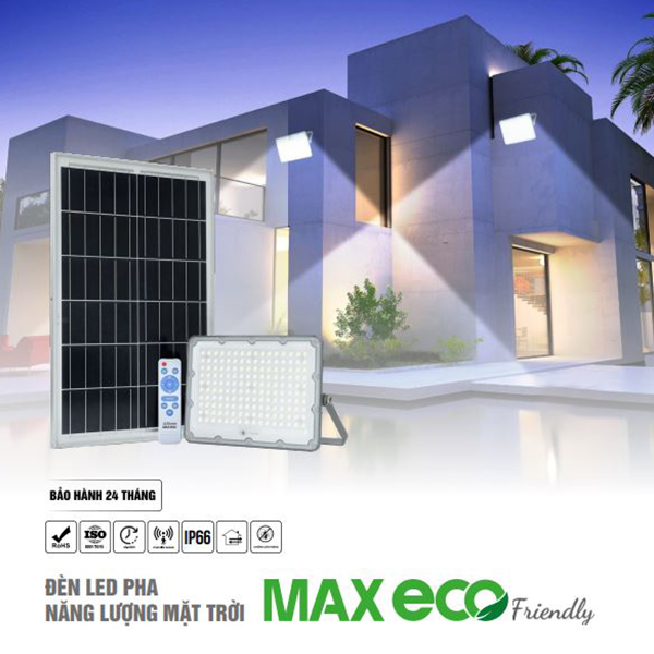 Đèn pha năng lượng mặt trời MAX ECO Friendly công suất 50W, 100W TLC Lighting - Tiêu chuẩn IP66 chống nước, kháng bụi - Dung lượng PIN lên đến 25.000mAh - Chiếu sáng 12h liên tục
