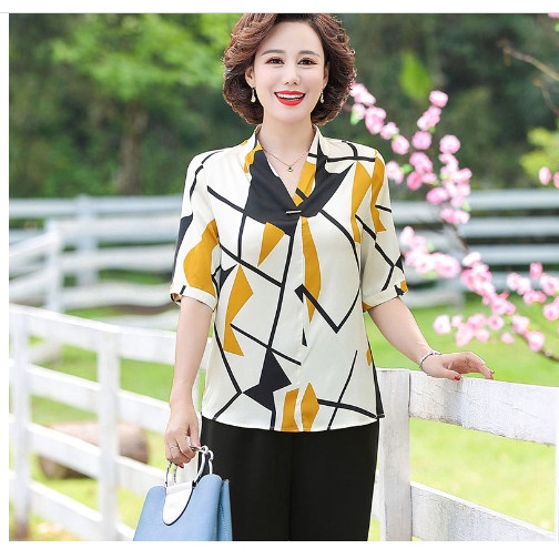 Áo Thun Lụa Trung Niên Họa Tiết Sang Trọng SM70 - Hàng Quảng Châu Cao Cấp