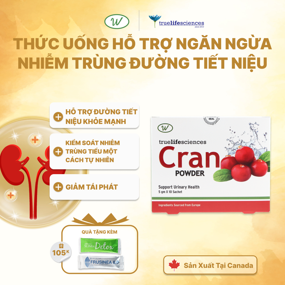 Thức uống Truelifesciences Cran Powder hỗ trợ ngăn ngừa nhiễm trùng đường tiết niệu , giảm tái phát, chứng nhận HALAL