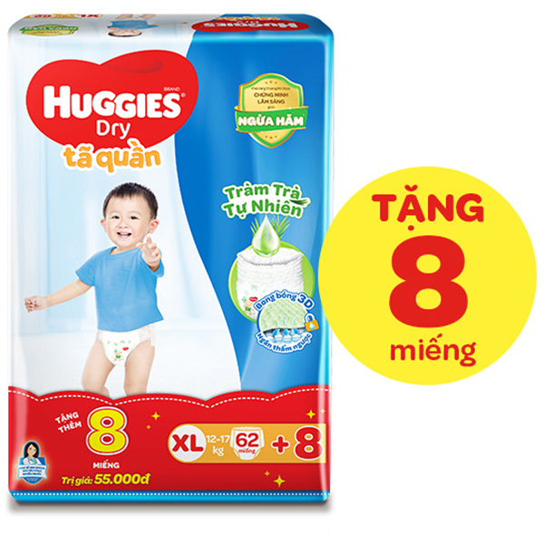 Tã Quần Huggies Dry Tràm Trà Tự Nhiên Gói Cực Đại XL62 + Tặng 8 miếng