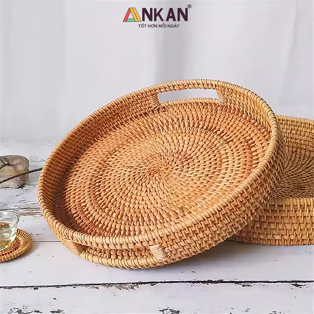 Khay Mây Tròn Đựng Trái Cây, Đồ Ăn, Decor Nhà Bếp – Khay Mây Tre Đan Thủ Công Cao Cấp ANKAN