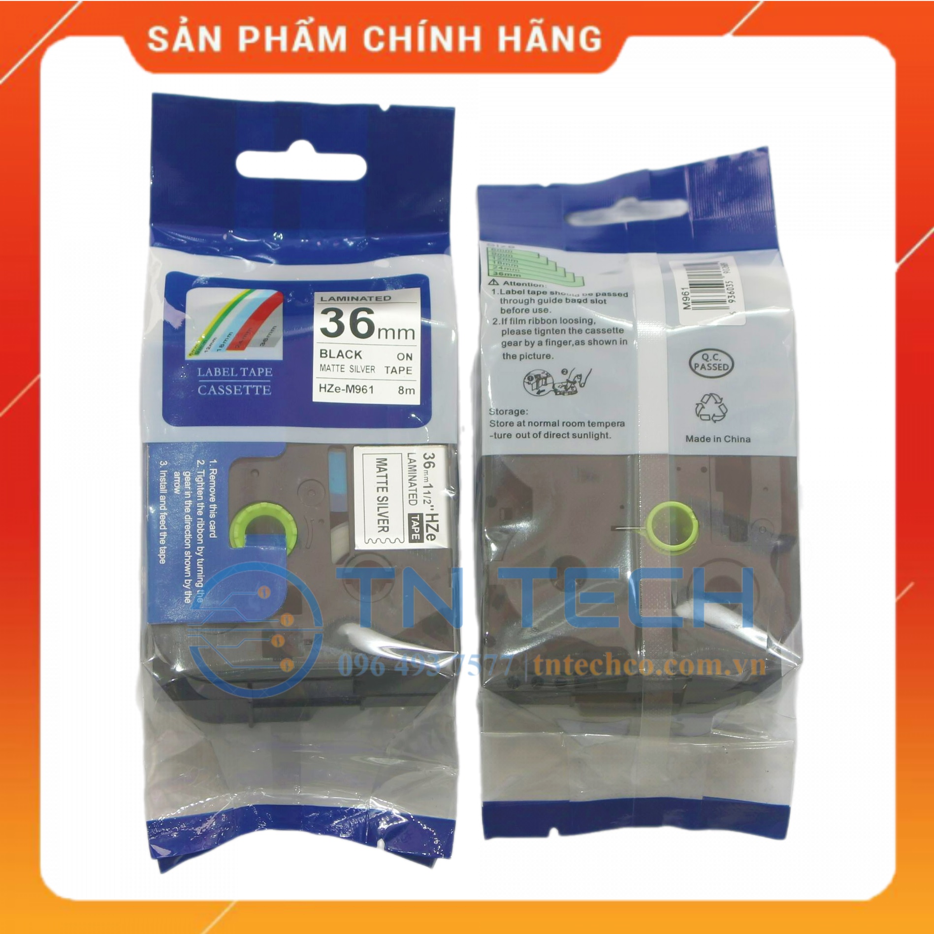 Nhãn In HZE-M961 - Đen nền bạc 36mm x 8m - Dùng cho máy in BROTHER - AIMO - PUTY [Hàng nhập khẩu]