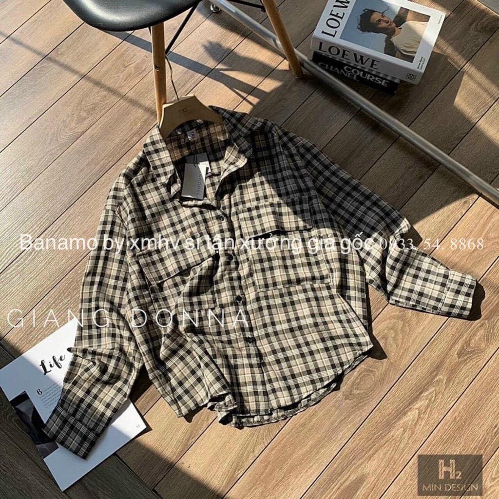 Áo sơ mi nữ form rộng tay dài kẻ caro Banamo Fashion Áo sơ mi kẻ 2 túi ngực unisex 3918