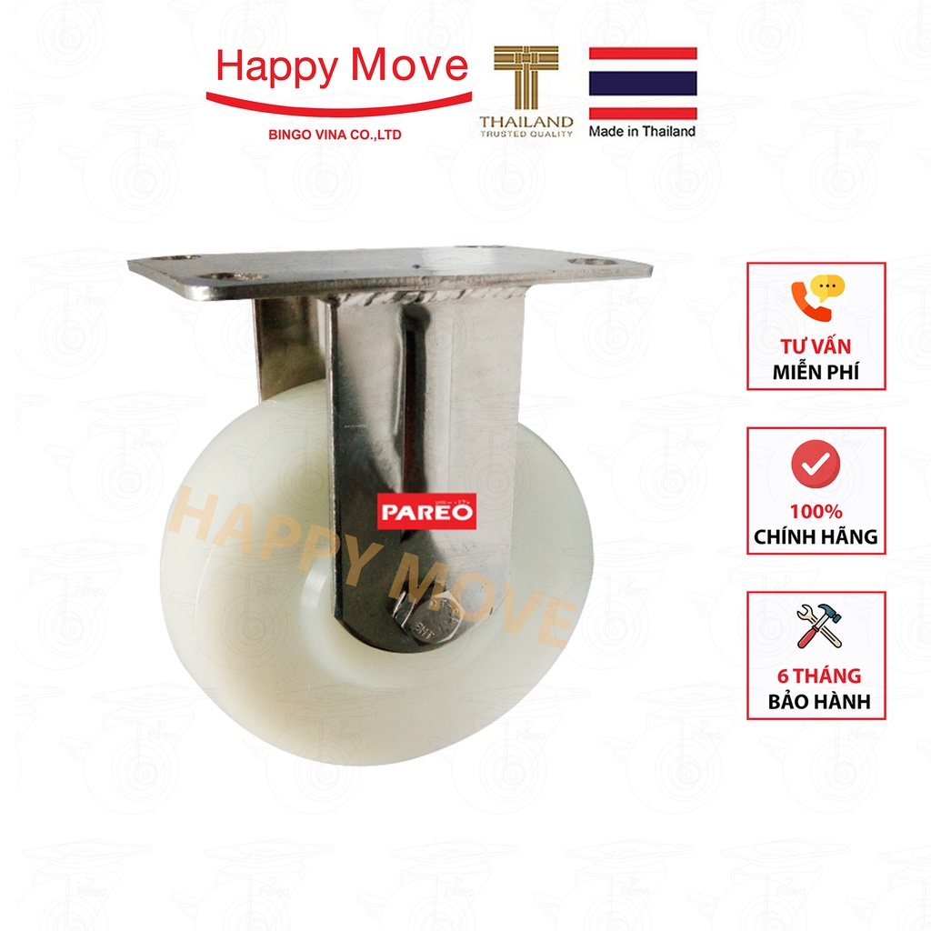 Bánh xe đẩy nylon trắng càng Inox 304 cố định - 80-100-125mm - Happy Move Thái Lan