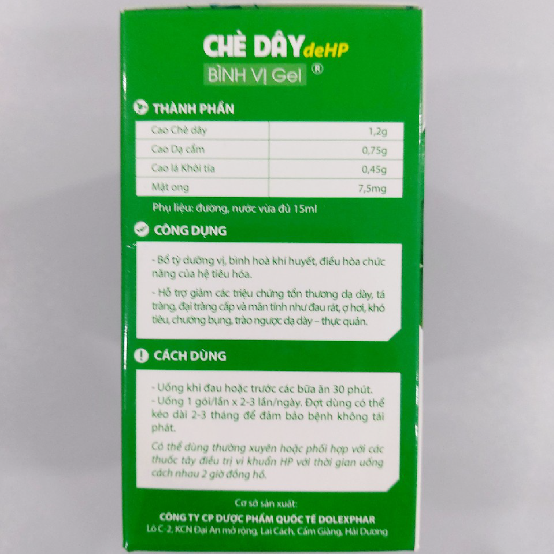 CHÈ DÂY deHP GEL - DẠ DÀY CHỮ P XANH - Hỗ Trợ Giảm Ợ Hơi, Khó Tiêu, Chướng Bụng, Trào Ngược, Đau Rát Dạ Dày Do Vi Khuẩn HP