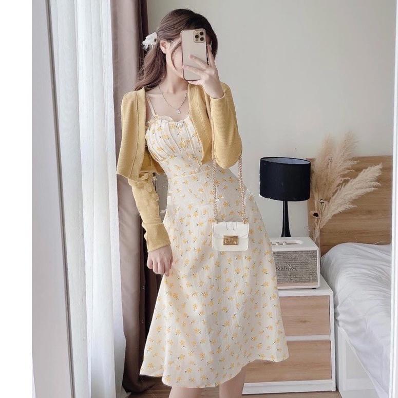 Set Váy Hoa 2 Dây Kèm Áo Khoác Cardigan Len Xốp Hot Hit