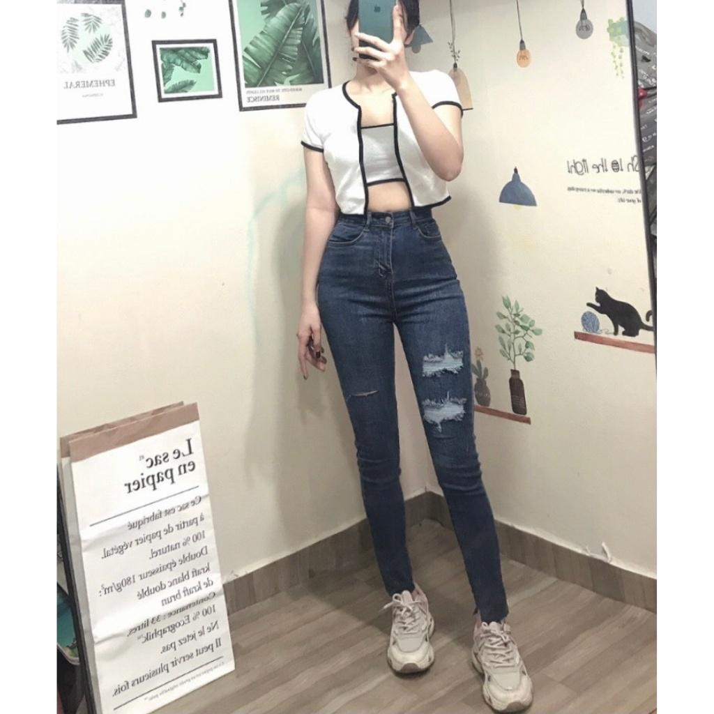 Quần Jeans Cạp Cao Rách Gối Mẫu Hót 2021
